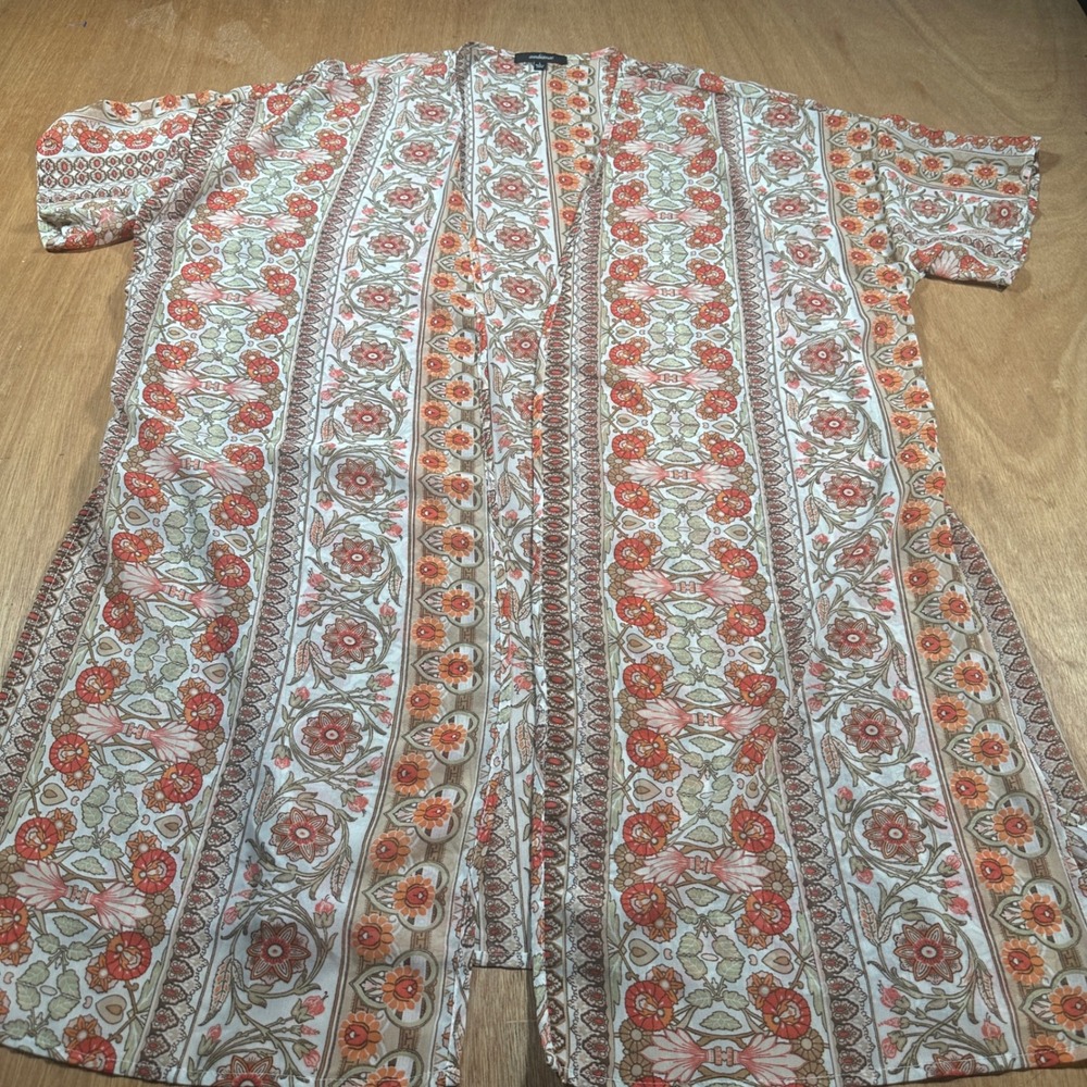 Ambiance Kimono Cardigan Women Large Orange Floral Sheer Boho Side Slit Coverup